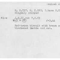 Index card with typed and handwritten information, sometimes including a sketch, of pottery from an excavation.