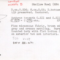 Index card with typed and handwritten information, sometimes including a sketch, of pottery from an excavation.