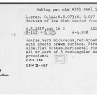 Index card with typed and handwritten information, sometimes including a sketch, of pottery from an excavation.