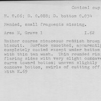 Index card with typed and handwritten information, sometimes including a sketch, of pottery from an excavation.