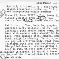 Index card with typed and handwritten information, sometimes including a sketch, of pottery from an excavation.