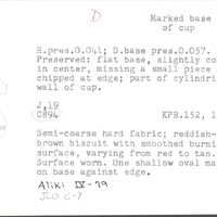 Index card with typed and handwritten information, sometimes including a sketch, of pottery from an excavation.