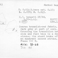 Index card with typed and handwritten information, sometimes including a sketch, of pottery from an excavation.