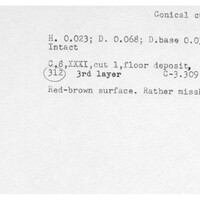 Index card with typed and handwritten information, sometimes including a sketch, of pottery from an excavation.