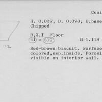 Index card with typed and handwritten information, sometimes including a sketch, of pottery from an excavation.
