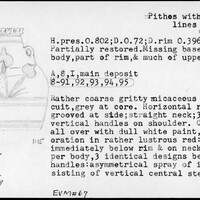 Index card with typed and handwritten information, sometimes including a sketch, of pottery from an excavation.