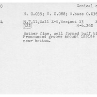 Index card with typed and handwritten information, sometimes including a sketch, of pottery from an excavation.