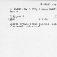Index card with typed and handwritten information, sometimes including a sketch, of pottery from an excavation.