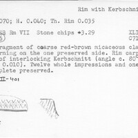 Index card with typed and handwritten information, sometimes including a sketch, of pottery from an excavation.