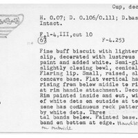 Index card with typed and handwritten information, sometimes including a sketch, of pottery from an excavation.