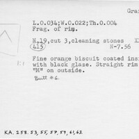 Index card with typed and handwritten information, sometimes including a sketch, of pottery from an excavation.