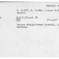 Index card with typed and handwritten information, sometimes including a sketch, of pottery from an excavation.