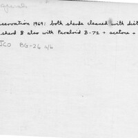 Index card with typed and handwritten information, sometimes including a sketch, of pottery from an excavation.