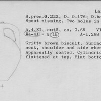Index card with typed and handwritten information, sometimes including a sketch, of pottery from an excavation.