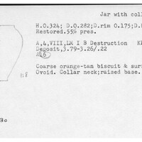 Index card with typed and handwritten information, sometimes including a sketch, of pottery from an excavation.