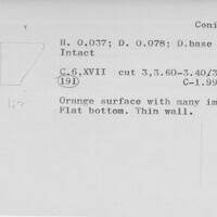 Index card with typed and handwritten information, sometimes including a sketch, of pottery from an excavation.