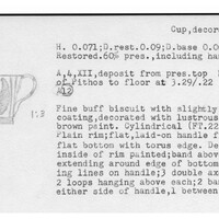Index card with typed and handwritten information, sometimes including a sketch, of pottery from an excavation.