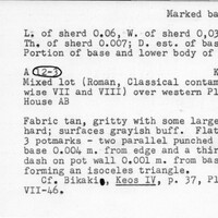 Index card with typed and handwritten information, sometimes including a sketch, of pottery from an excavation.