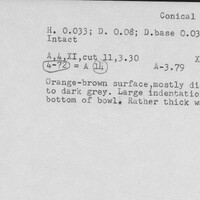Index card with typed and handwritten information, sometimes including a sketch, of pottery from an excavation.