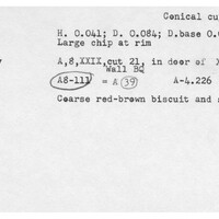 Index card with typed and handwritten information, sometimes including a sketch, of pottery from an excavation.