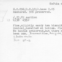 Index card with typed and handwritten information, sometimes including a sketch, of pottery from an excavation.