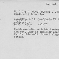 Index card with typed and handwritten information, sometimes including a sketch, of pottery from an excavation.