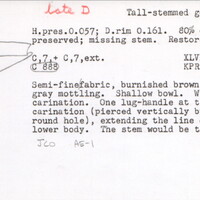 Index card with typed and handwritten information, sometimes including a sketch, of pottery from an excavation.