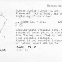 Index card with typed and handwritten information, sometimes including a sketch, of pottery from an excavation.