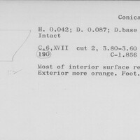 Index card with typed and handwritten information, sometimes including a sketch, of pottery from an excavation.