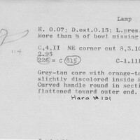 Index card with typed and handwritten information, sometimes including a sketch, of pottery from an excavation.