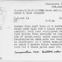 Index card with typed and handwritten information, sometimes including a sketch, of pottery from an excavation.