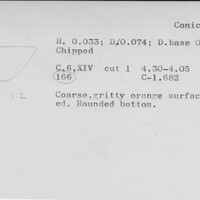 Index card with typed and handwritten information, sometimes including a sketch, of pottery from an excavation.