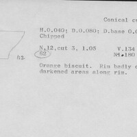 Index card with typed and handwritten information, sometimes including a sketch, of pottery from an excavation.
