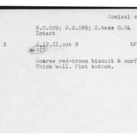Index card with typed and handwritten information, sometimes including a sketch, of pottery from an excavation.
