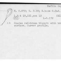 Index card with typed and handwritten information, sometimes including a sketch, of pottery from an excavation.