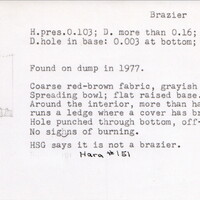 Index card with typed and handwritten information, sometimes including a sketch, of pottery from an excavation.