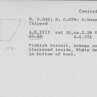 Index card with typed and handwritten information, sometimes including a sketch, of pottery from an excavation.