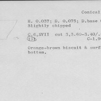 Index card with typed and handwritten information, sometimes including a sketch, of pottery from an excavation.