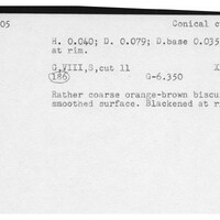 Index card with typed and handwritten information, sometimes including a sketch, of pottery from an excavation.