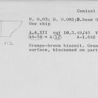 Index card with typed and handwritten information, sometimes including a sketch, of pottery from an excavation.