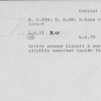 Index card with typed and handwritten information, sometimes including a sketch, of pottery from an excavation.
