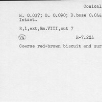 Index card with typed and handwritten information, sometimes including a sketch, of pottery from an excavation.