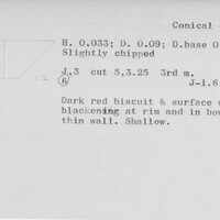 Index card with typed and handwritten information, sometimes including a sketch, of pottery from an excavation.