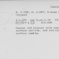 Index card with typed and handwritten information, sometimes including a sketch, of pottery from an excavation.