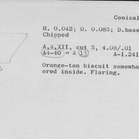 Index card with typed and handwritten information, sometimes including a sketch, of pottery from an excavation.