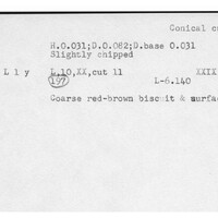 Index card with typed and handwritten information, sometimes including a sketch, of pottery from an excavation.