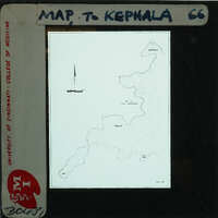 Map of Kepala, with a cross marking a specific location and labeled features like mountains and bodies of water.