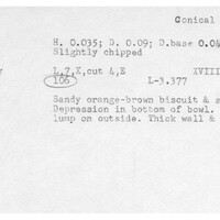 Index card with typed and handwritten information, sometimes including a sketch, of pottery from an excavation.