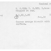 Index card with typed and handwritten information, sometimes including a sketch, of pottery from an excavation.