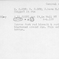 Index card with typed and handwritten information, sometimes including a sketch, of pottery from an excavation.
